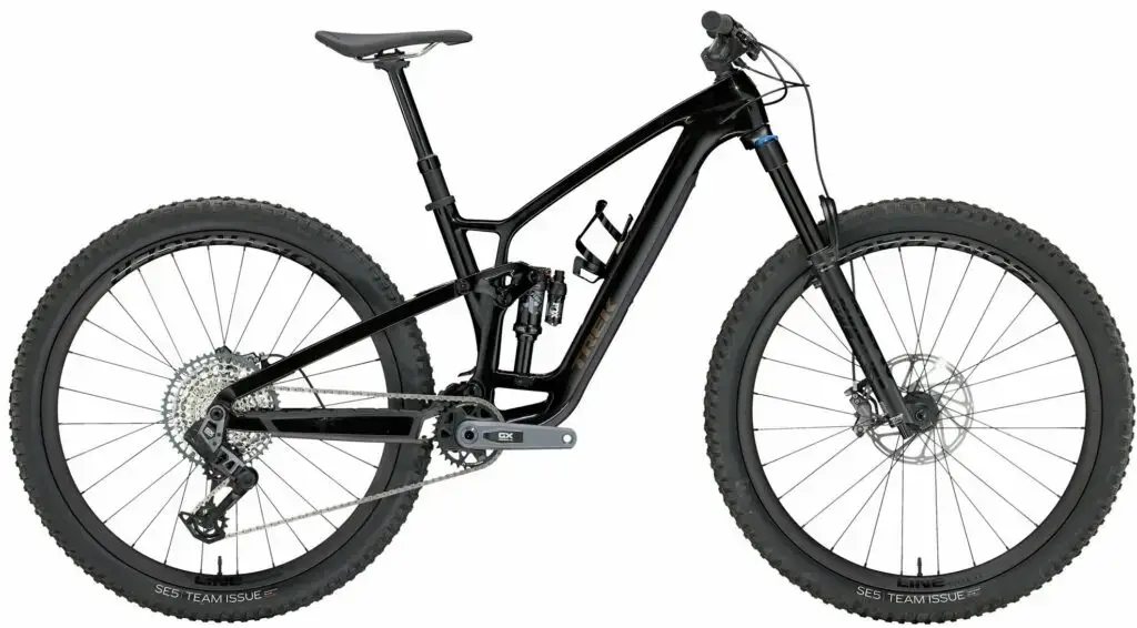 A black mountain bike on a white background.