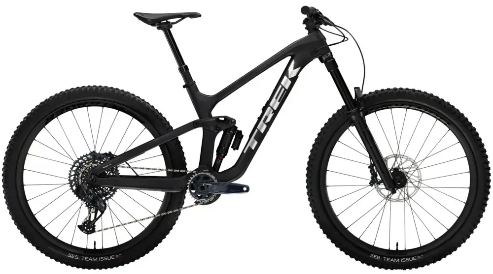 A full-suspension black mountain bike with large knobby tires, disc brakes, and a sloped top tube, viewed from the side against a white background.