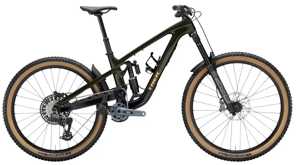 Full-suspension mountain bike with a dark green frame, tan-sidewall tires, disc brakes, and a water bottle mounted on the down tube, shown in profile view.