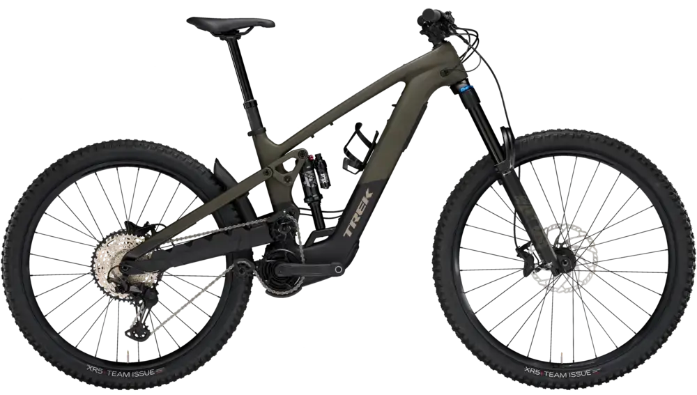 A matte black full-suspension mountain bike with disc brakes, knobby tires, and a Trek logo on the frame, shown from the side against a white background.