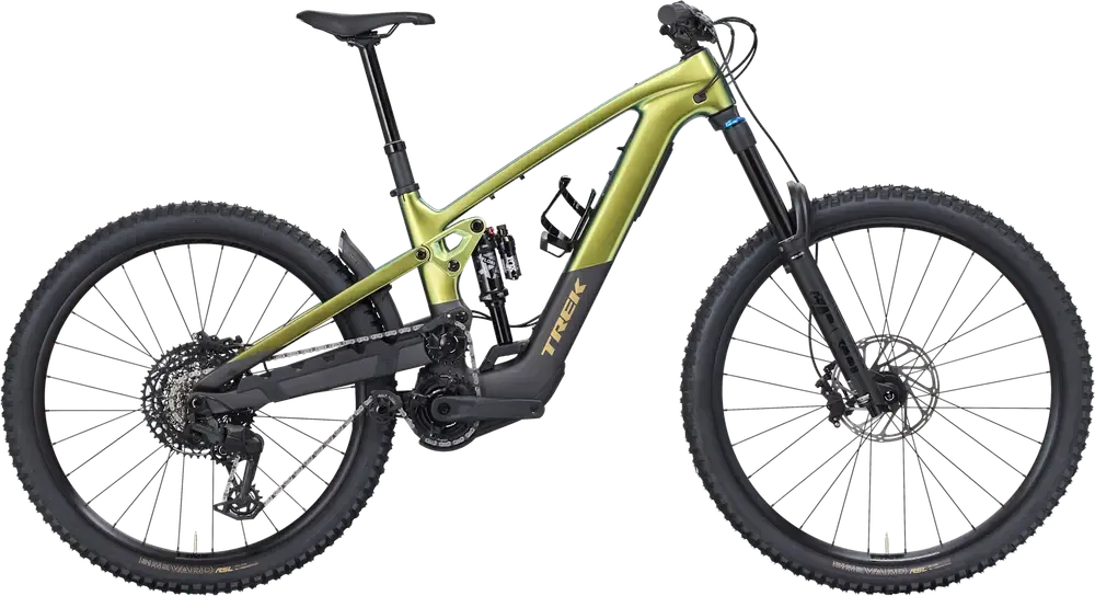 RideHub 21 A modern full-suspension electric mountain bike with a green and black frame, wide knobby tires, and disc brakes.