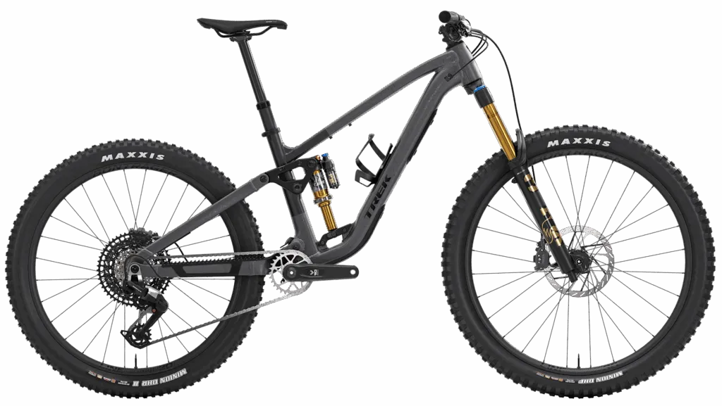 RideHub 18 Full-suspension mountain bike with a matte gray frame, front and rear suspension, disc brakes, knobby tires, and a dropper seatpost, shown on a white background.